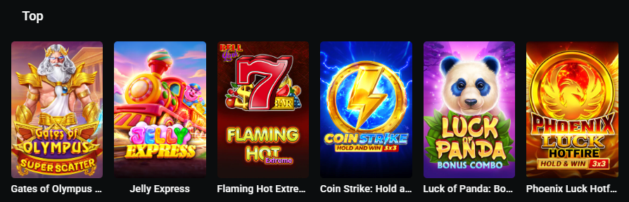 The Top row of the desktop pokies lobby: six game posters, each captioned with its title