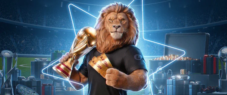 The LEON lion mascot holding a trophy in front of a floodlit stadium