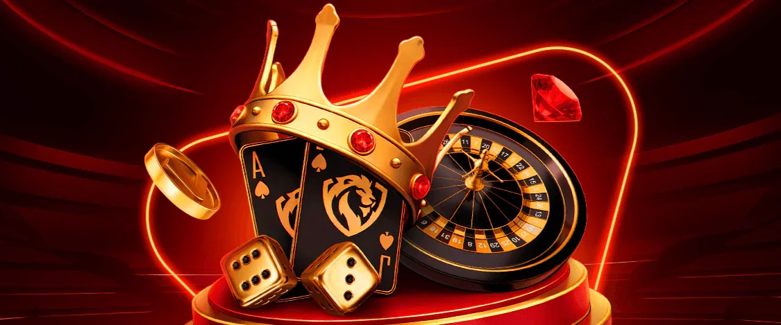 LEON brand artwork: a gold crown resting on ace cards with a roulette wheel and dice